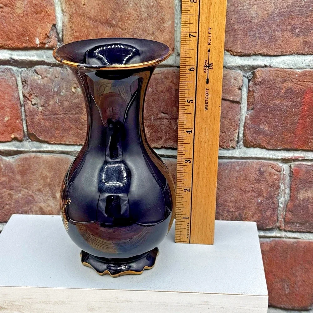 Vtg Cobalt Blue Gold Gilded Floral Footed‎ Vase Woulind Chile Signed Porcelain